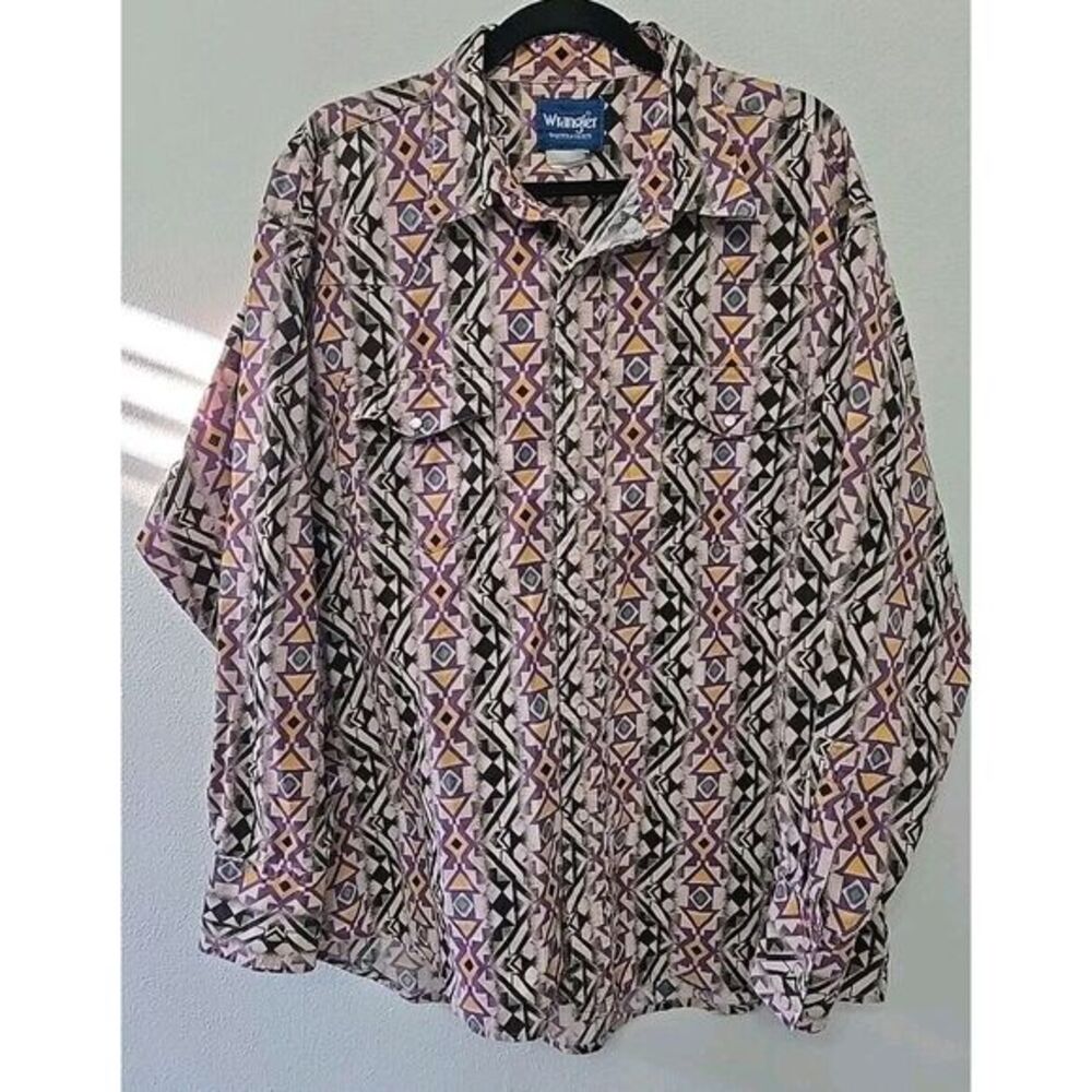 Wrangler Western Vintage Shirt Pearl Snaps Size Medium Aztec Design